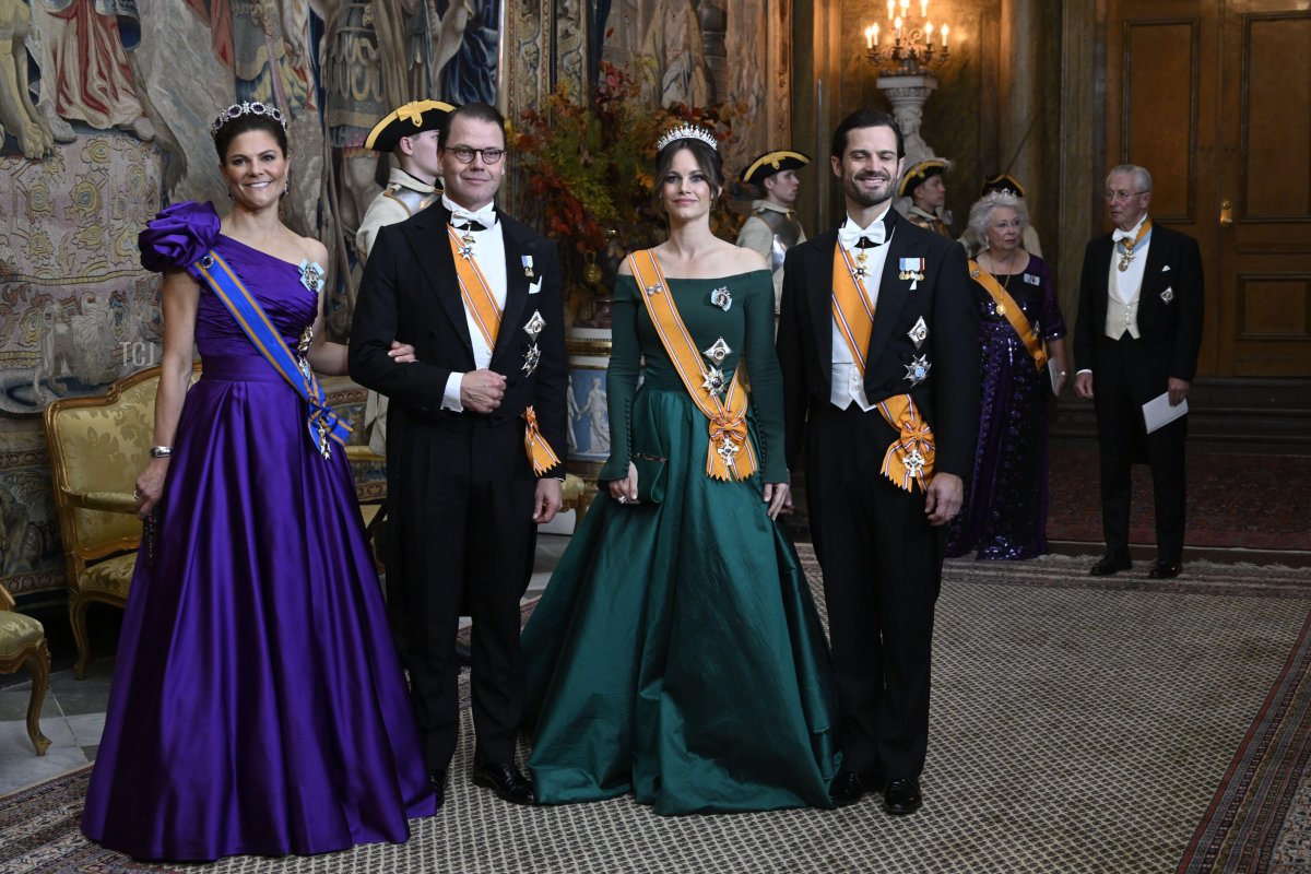 Crown Princess Victoria, Prince Daniel, Princess Sofia and Prince Carl Philip arrive for a gala dinner for the Dutch royal couple at the Royal Palace