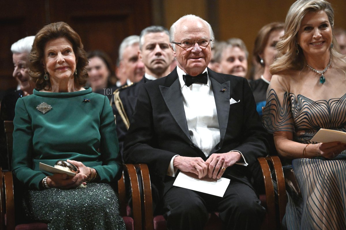 Queen Silvia and King Carl Gustaf of Sweden and Queen Máxima of the Netherlands in Stockholm's Concert Hall, where the Dutch King and Queen are hosting a concert with Tim Kliphuis Ensemble for their Swedish hosts and invited guests. Stockholm, Sweden, 12 October 2022