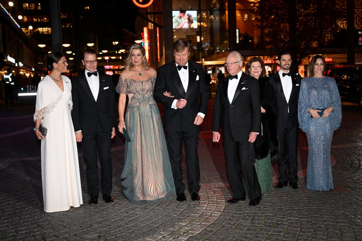 Crown Princess Victoria, Prince Daniel, Queen Máxima and King Willem-Alexander of the Netherlands, King Carl Gustaf and Queen Silvia of Sweden, prince Carl Philip and princess Sofia arrive at Stockholm's Concert Hall where the Dutch King and Queen are hosting a concert with Tim Kliphuis Ensemble for their Swedish hosts and invited guests. Stockholm, Sweden, 12 October 2022