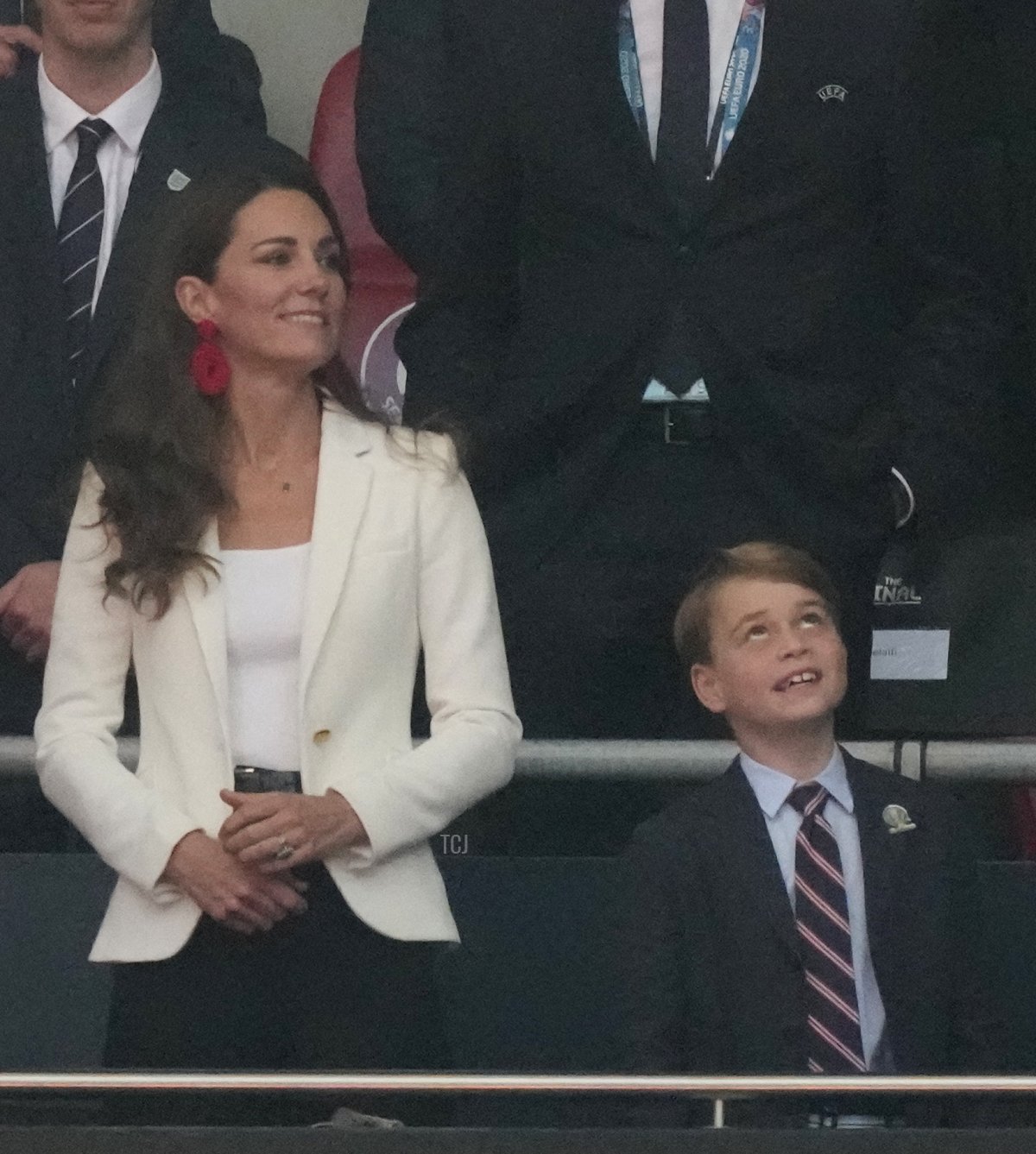 Britain's Catherine (L), Duchess of Cambridge, Prince George of Cambridge (C), and Britain's Prince William (R), Duke of Cambridge, are seen during the UEFA EURO 2020 final football match between Italy and England at the Wembley Stadium in London on July 11, 2021
