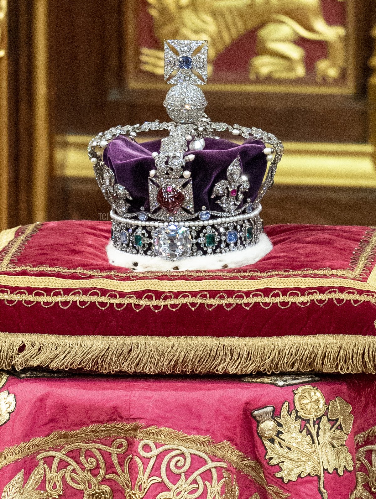 The Imperial Crown pictured as Prince Charles, Prince of Wales reads the Queen's speech in the House of Lords Chamber, during the State Opening of Parliament in the House of Lords at the Palace of Westminster on May 10, 2022 in London, England