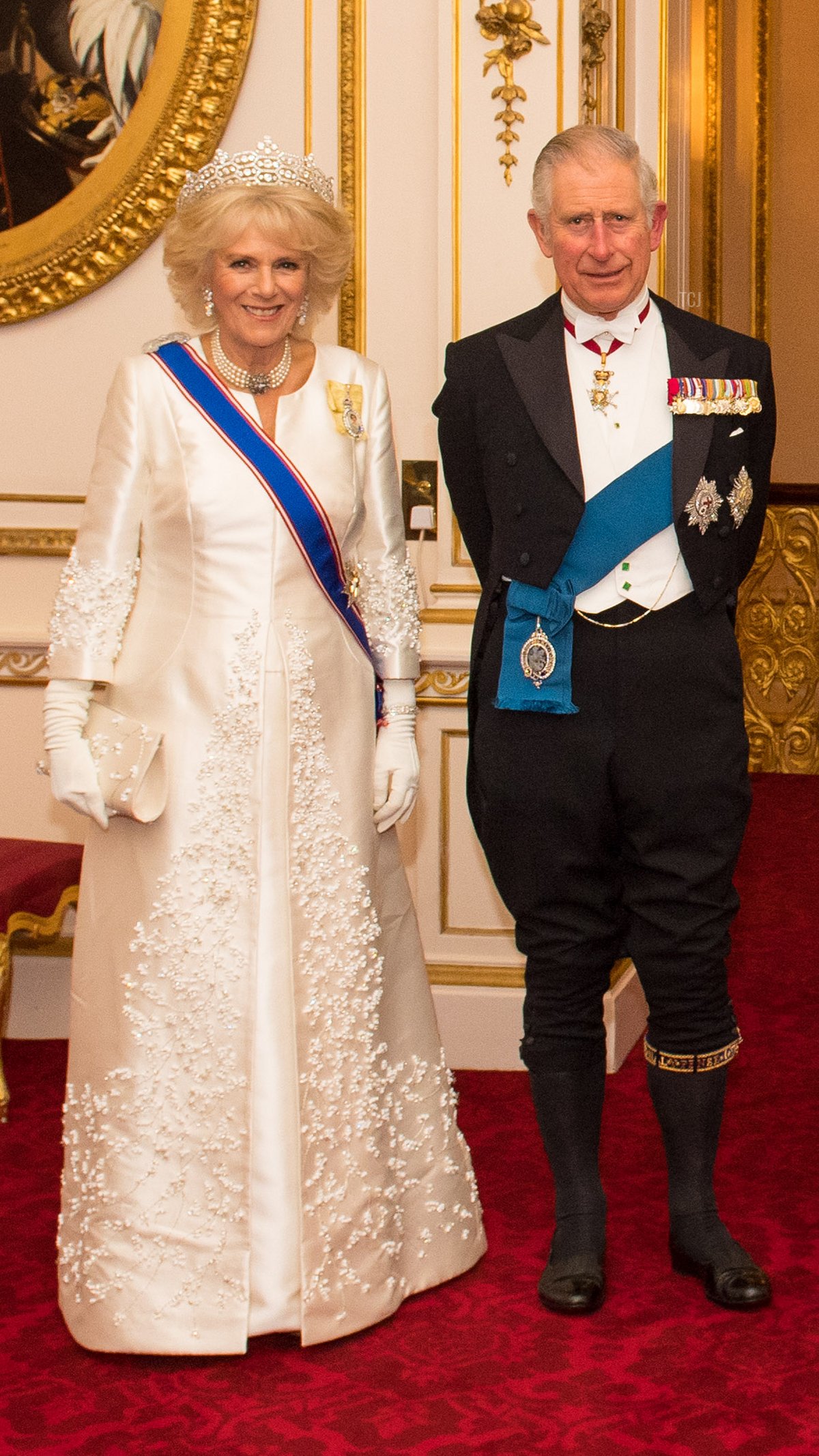 Camilla, Duchess of Cornwall, Prince Charles, Prince of Wales, Queen Elizabeth II, Prince Philip, Duke of Edinburgh, Prince William, Duke of Cambridge and Catherine, Duchess of Cambridge arrive for the annual evening reception for members of the Diplomatic Corps at Buckingham Palace on December 8, 2016 in London, England