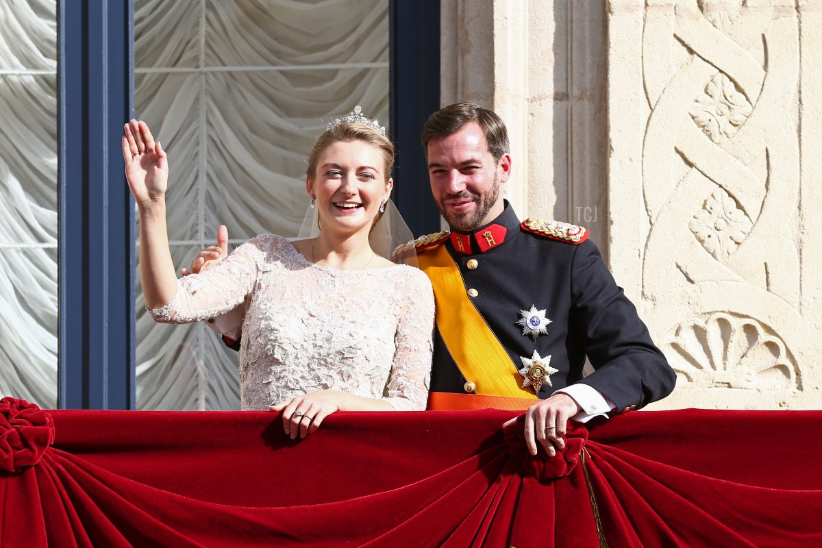 Princess Stephanie of Luxembourg and Prince Guillaume of Luxembourg wave to the crowds from the balcony of the Grand-Ducal Palace following the wedding ceremony of Prince Guillaume Of Luxembourg and Princess Stephanie of Luxembourg at the Cathedral of our Lady of Luxembourg on October 20, 2012 in Luxembourg