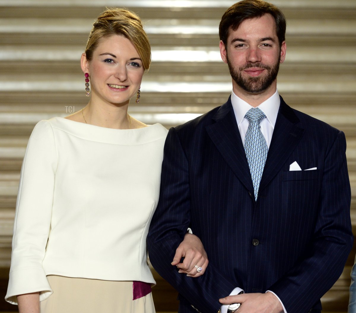 Belgian Countess Stephanie de Lannoy and Prince Guillaume, hereditary Grand-Duke of Luxembourg pose at the official ceremony for Prince Guillaume of Luxembourg to present his fiancee on April 27, 2012 at the Grand-Ducal palace in Luxembourg