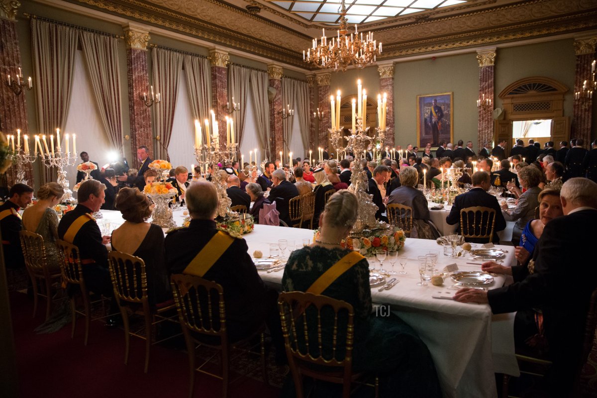 In this handout image provided by the Grand-Ducal Court of Luxembourg, Guests attend a Gala dinner for the wedding of Prince Guillaume of Luxembourg and Countess Stephanie de Lannoy at the Grand-Ducal Palace on October 19, 2012 in Luxembourg