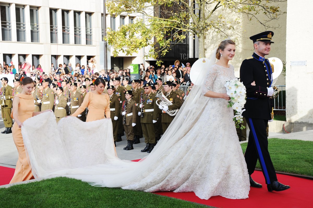 Princess Stephanie of Luxembourg arrives at the wedding ceremony of Prince Guillaume Of Luxembourg and Princess Stephanie of Luxembourg at the Cathedral of our Lady of Luxembourg on October 20, 2012 in Luxembourg