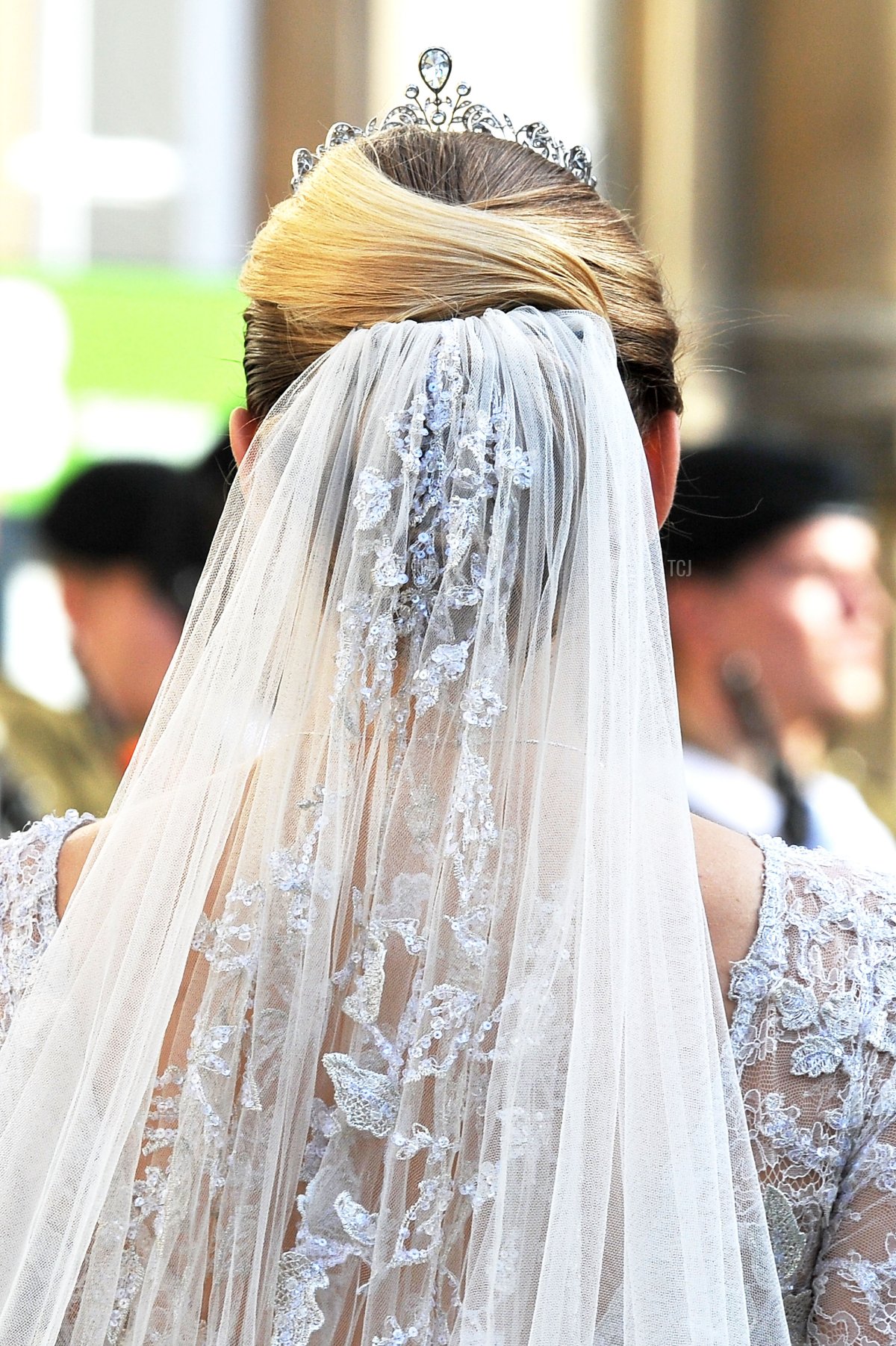 A detail view of the head dress belonging to Princess Stephanie of Luxembourg as she arrives at the wedding ceremony of Prince Guillaume Of Luxembourg and Princess Stephanie of Luxembourg at the Cathedral of our Lady of Luxembourg on October 20, 2012 in Luxembourg