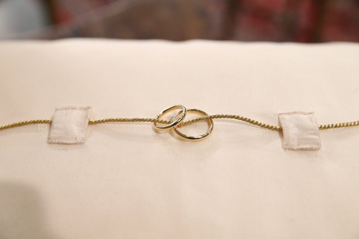 In this handout image provided by the Grand-Ducal Court of Luxembourg, the bride and groom's rings are seen on a cushion during the wedding ceremony of Prince Guillaume Of Luxembourg and Princess Stephanie of Luxembourg at the Cathedral of our Lady of Luxembourg on October 20, 2012 in Luxembourg
