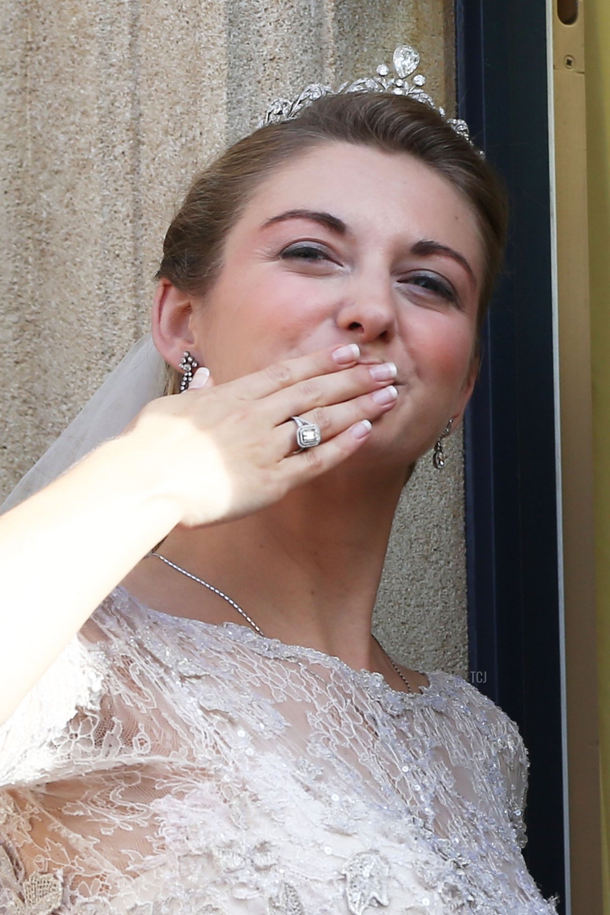 Princess Stephanie of Luxembourg blows a kiss to the crowds from the balcony of the Grand-Ducal Palace following the wedding ceremony of Prince Guillaume Of Luxembourg and Princess Stephanie of Luxembourg at the Cathedral of our Lady of Luxembourg on October 20, 2012 in Luxembourg