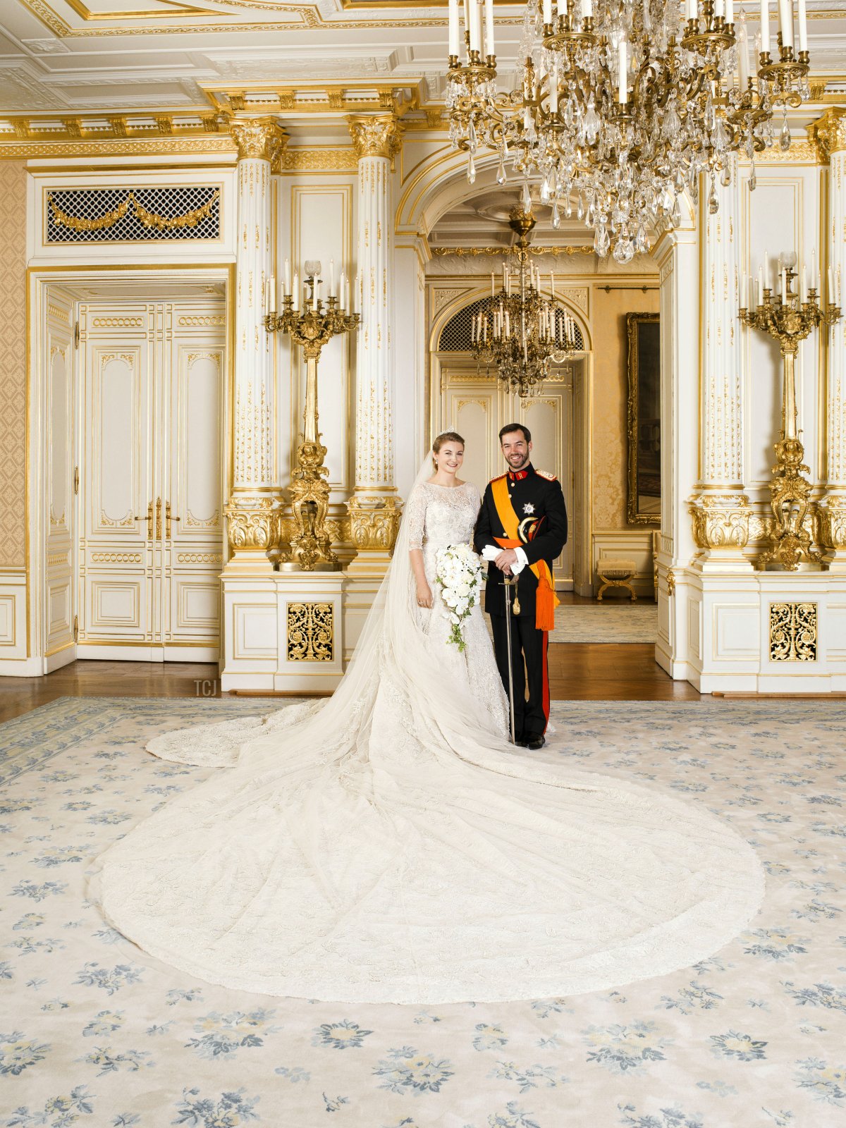 In this handout image provided by the Grand-Ducal Court of Luxembourg and Princess Stephanie of Luxembourg and Prince Guillaume of Luxembourg pose for an official photo inside the Grand-Ducal Palace after their wedding ceremony at the Cathedral of our Lady of Luxembourg on October 20, 2012 in Luxembourg