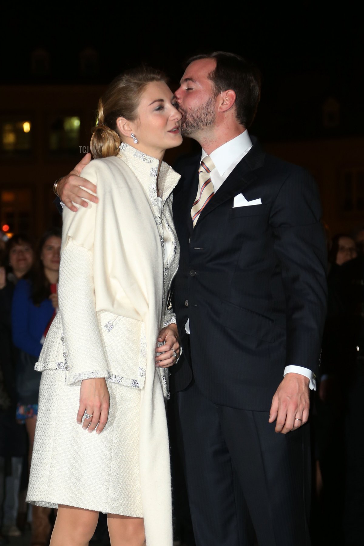 The newly wed couple Princess Stephanie of Luxembourg (L) and Prince Guillaume of Luxembourg (R) attend the fireworks performance following their wedding on October 20, 2012 in Luxembourg