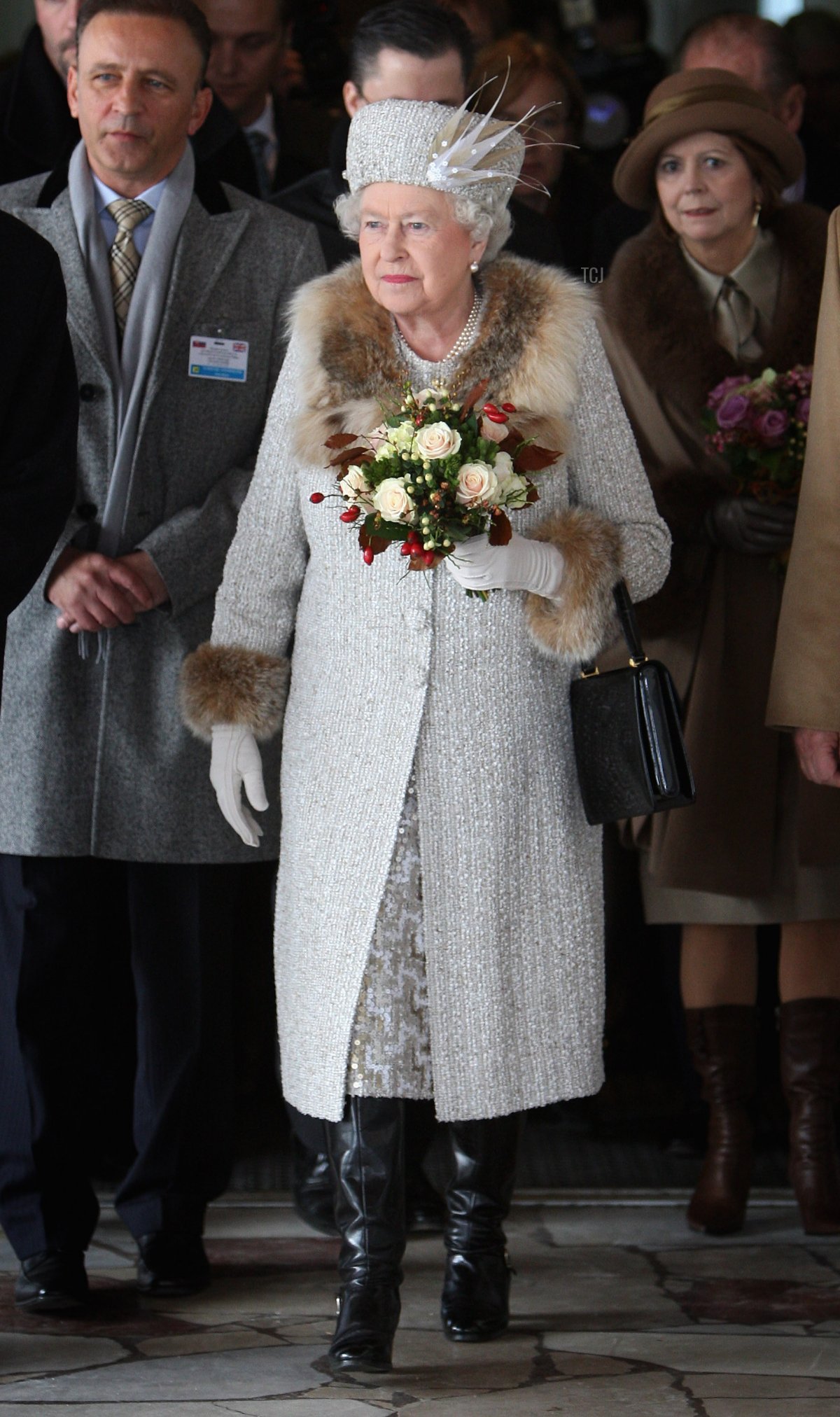 Queen Elizabeth II arrives at Hrebienok Ski Resort on a funicular railway on the second day of a tour of Slovakia on October 24, 2008 in Bratislava, Slovakia