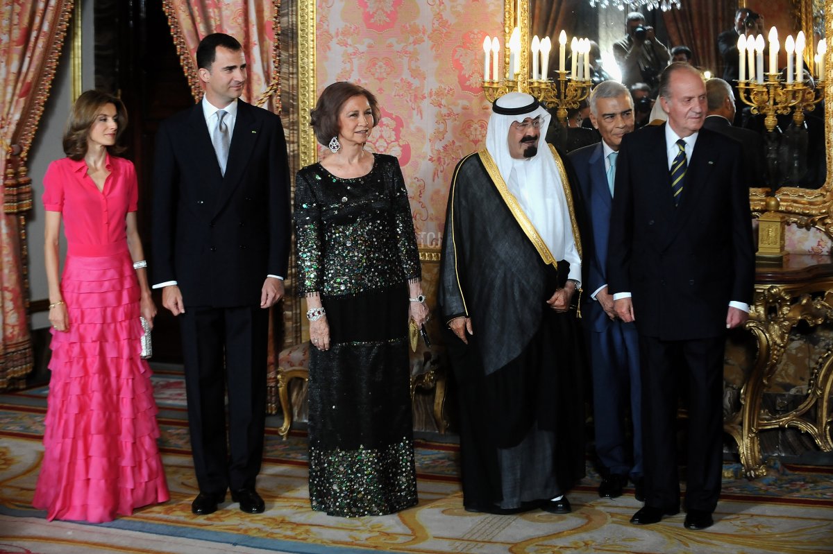 Princess Letizia, Prince Felipe, Queen Sofia, King Abdullah Bin Abdelaziz Al Saud of Saudi Arabia and King Juan Carlos of Spain meet July 15, 2008 at the Royal Palace in Madrid, Spain