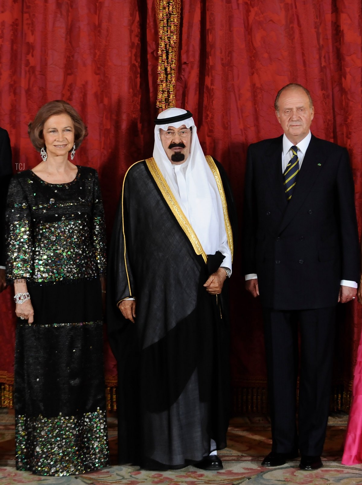 Queen Sofia, King Abdullah Bin Abdelaziz Al Saud of Saudi Arabia and King Juan Carlos of Spain pose July 15, 2008 at the Royal Palace in Madrid, Spain