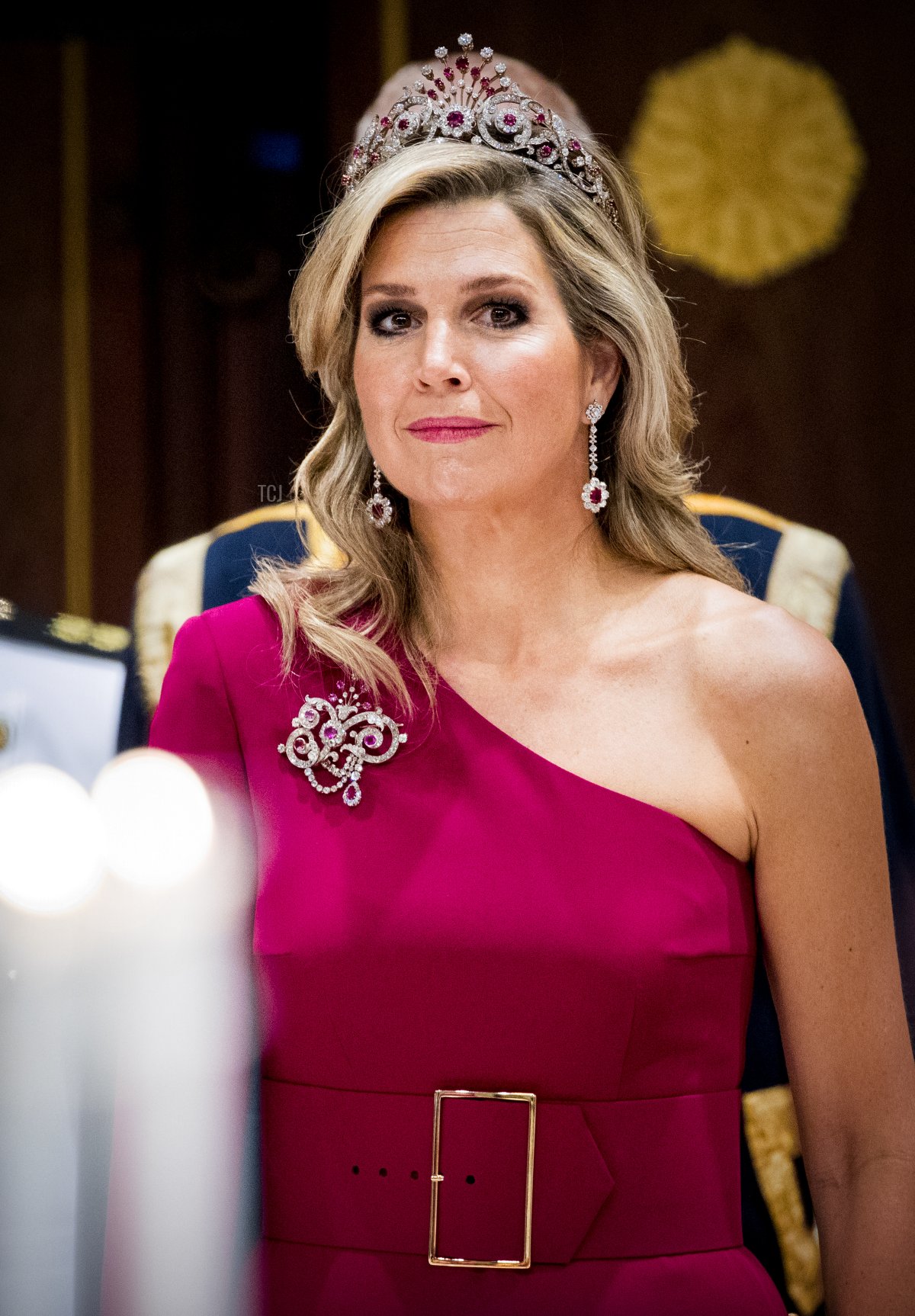 Queen Maxima of The Netherlands poses for an official picture with Halimah Yacob President of Singapore and her husband Mohamed Abdullah Alhabshee during an official state banquet at Royal Palace Amsterdam on November 21, 2018 in Amsterdam, Netherlands