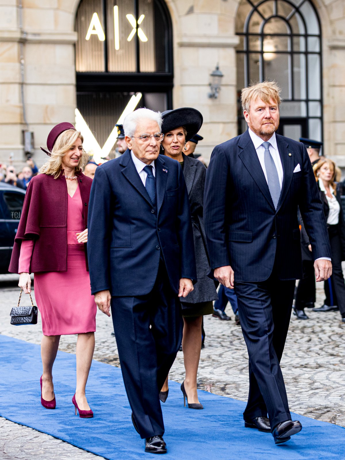 King Willem-Alexander of The Netherlands and Queen Maxima of The Netherlands welcome President Sergio Mattarella and his daughter Laura Mattarella with an official welcome ceremony at the Dam Square on November 9, 2022 in Amsterdam, Netherlands