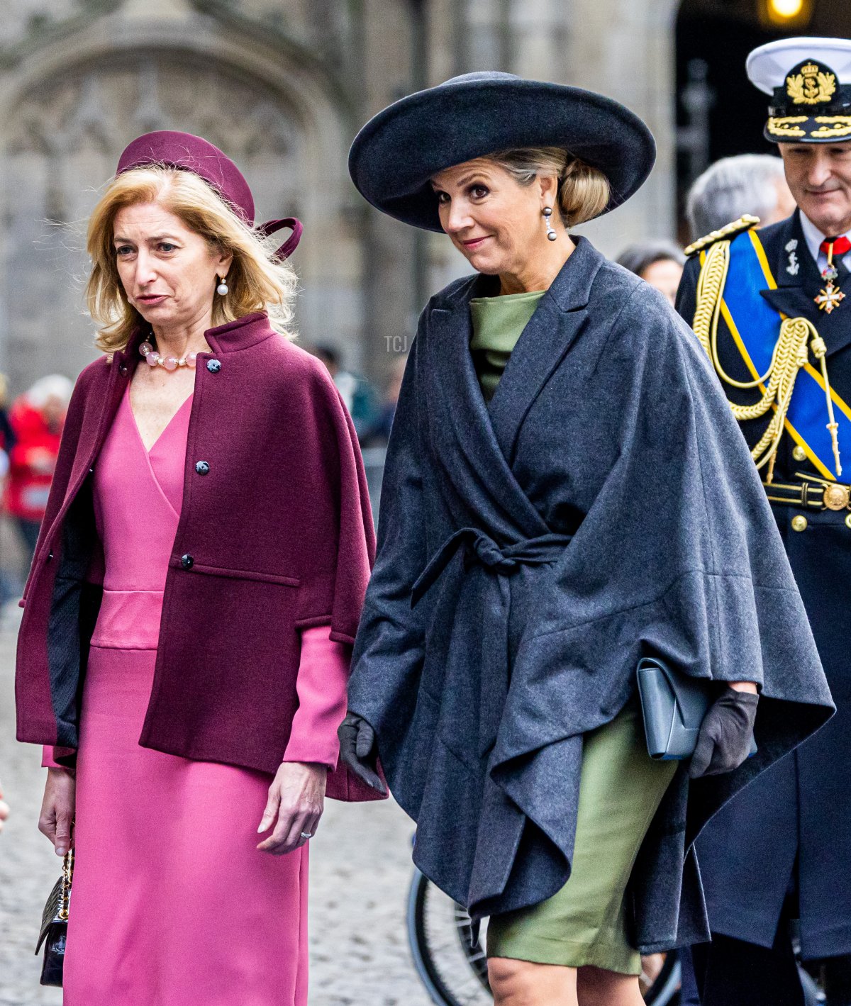 Queen Maxima of The Netherlands and Italian first daughter Laura Mattarella during an official welcome ceremony for the Italian President at the Dam Square on November 9, 2022 in Amsterdam, Netherlands
