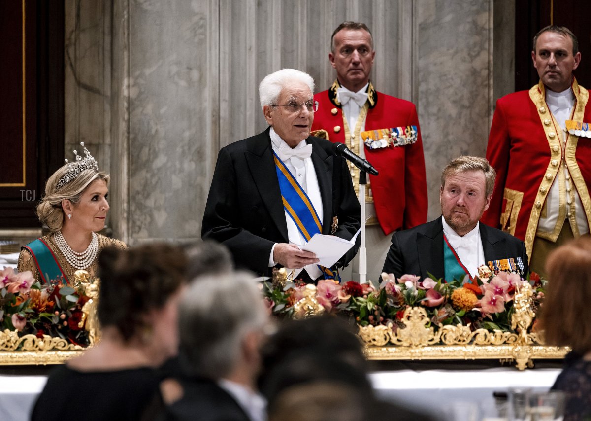 Queen Maxima (L) and King Willem-Alexander (R) listen to the speech of Italian President Sergio Mattarella during the state banquet in Amsterdam on November 9, 2022