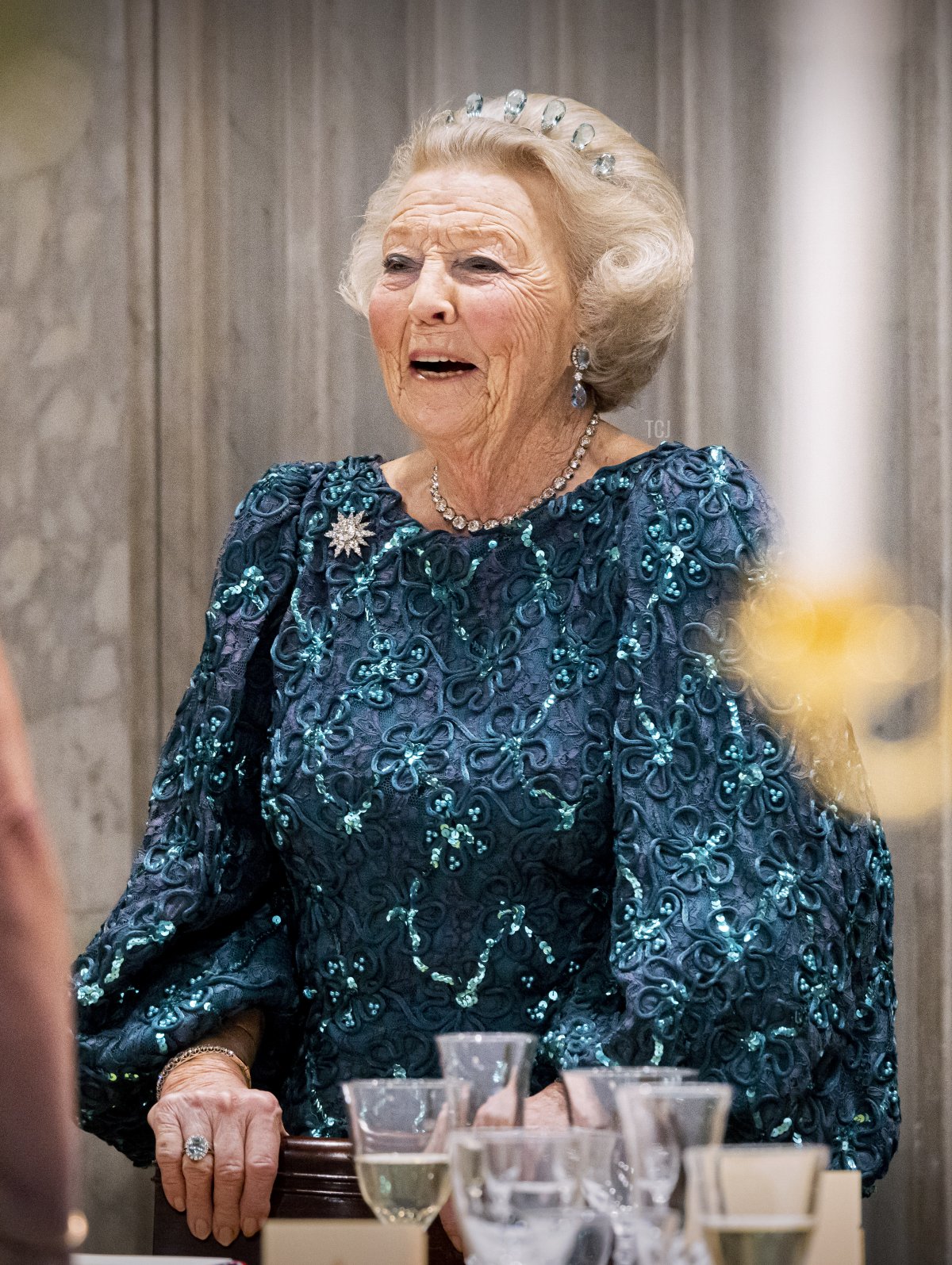 Princess Beatrix of The Netherlands attends the state banquet for President Sergio Mattarella and his daughter Laura Mattarella at the end of day one of the Italian State Visit to The Netherlands in The Royal Palace on November 9, 2022 in Amsterdam, Netherlands