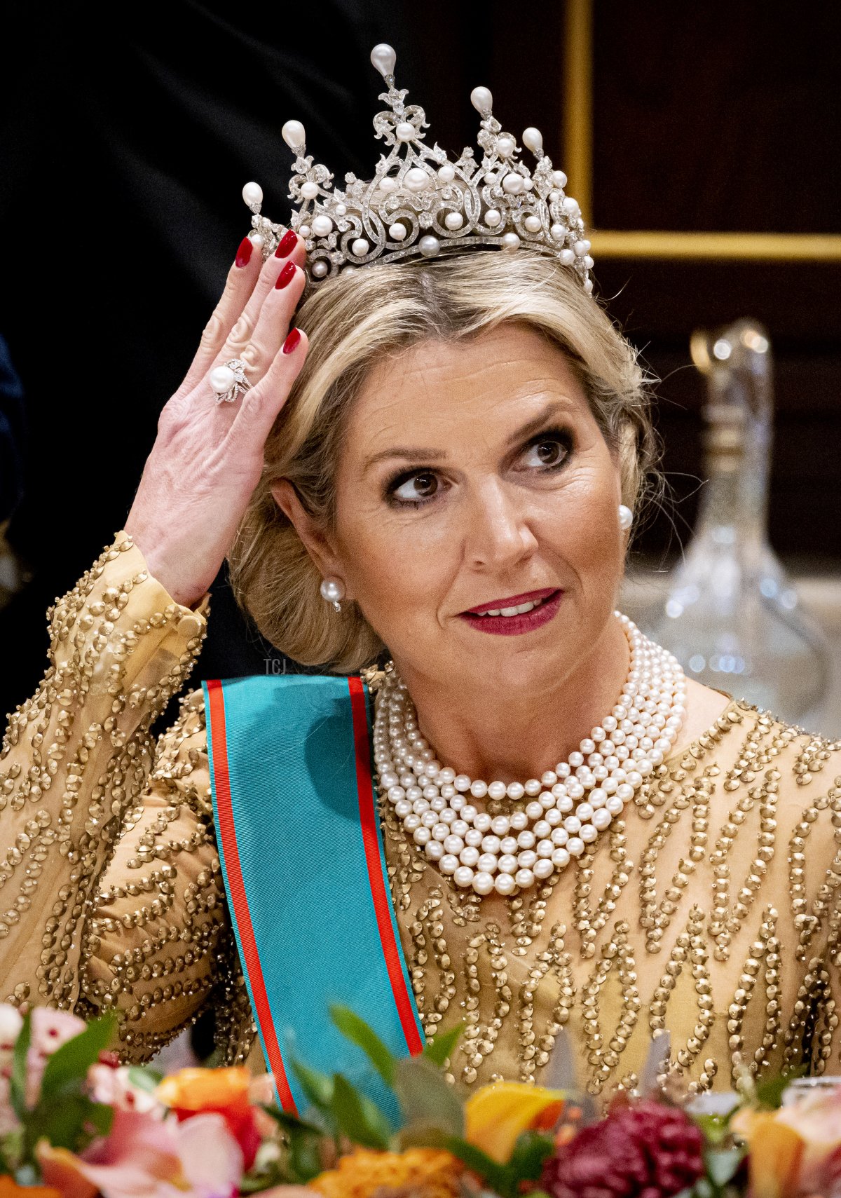 Queen Maxima of The Netherlands attends the state banquet for President Sergio Mattarella and his daughter Laura Mattarella at the end of day one of the Italian State Visit to The Netherlands in The Royal Palace on November 9, 2022 in Amsterdam, Netherlands