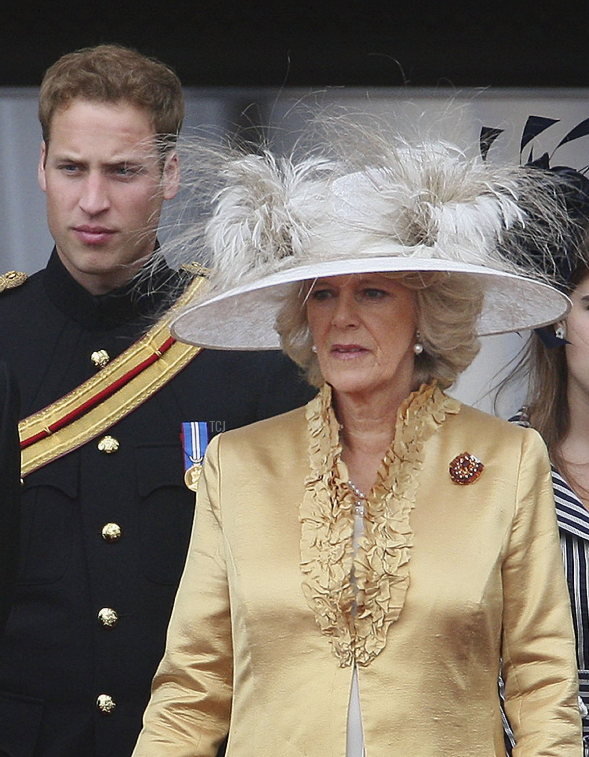 Camilla, Duchess of Cornwall stands with (L-R) Prince Andrew , Prince William and Princess Eugenie on the balcony of Buckingham Palace after the Trooping the Colour ceremony on June 16, 2007 in London
