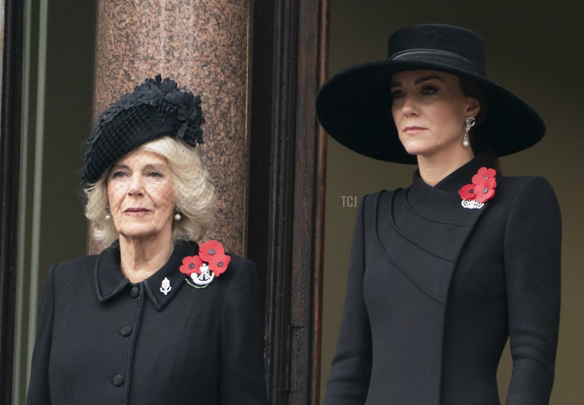 Camilla, Queen Consort (L) and Catherine, Princess of Wales (R) attend the Remembrance Sunday ceremony at the Cenotaph on Whitehall on November 13, 2022 in London, England