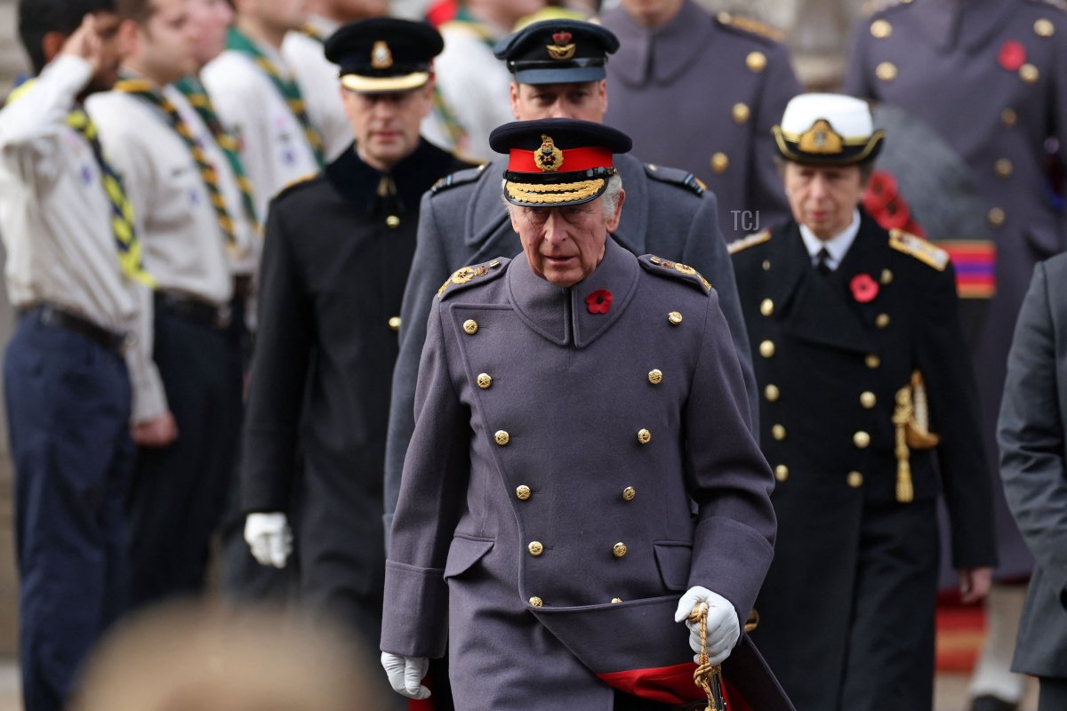 Britain's Prince Edward, Earl of Wessex, Britain's King Charles III, Britain's Prince William, Prince of Wales and Britain's Princess Anne, Princess Royal attend the Remembrance Sunday ceremony at the Cenotaph on Whitehall in central London, on November 13, 2022