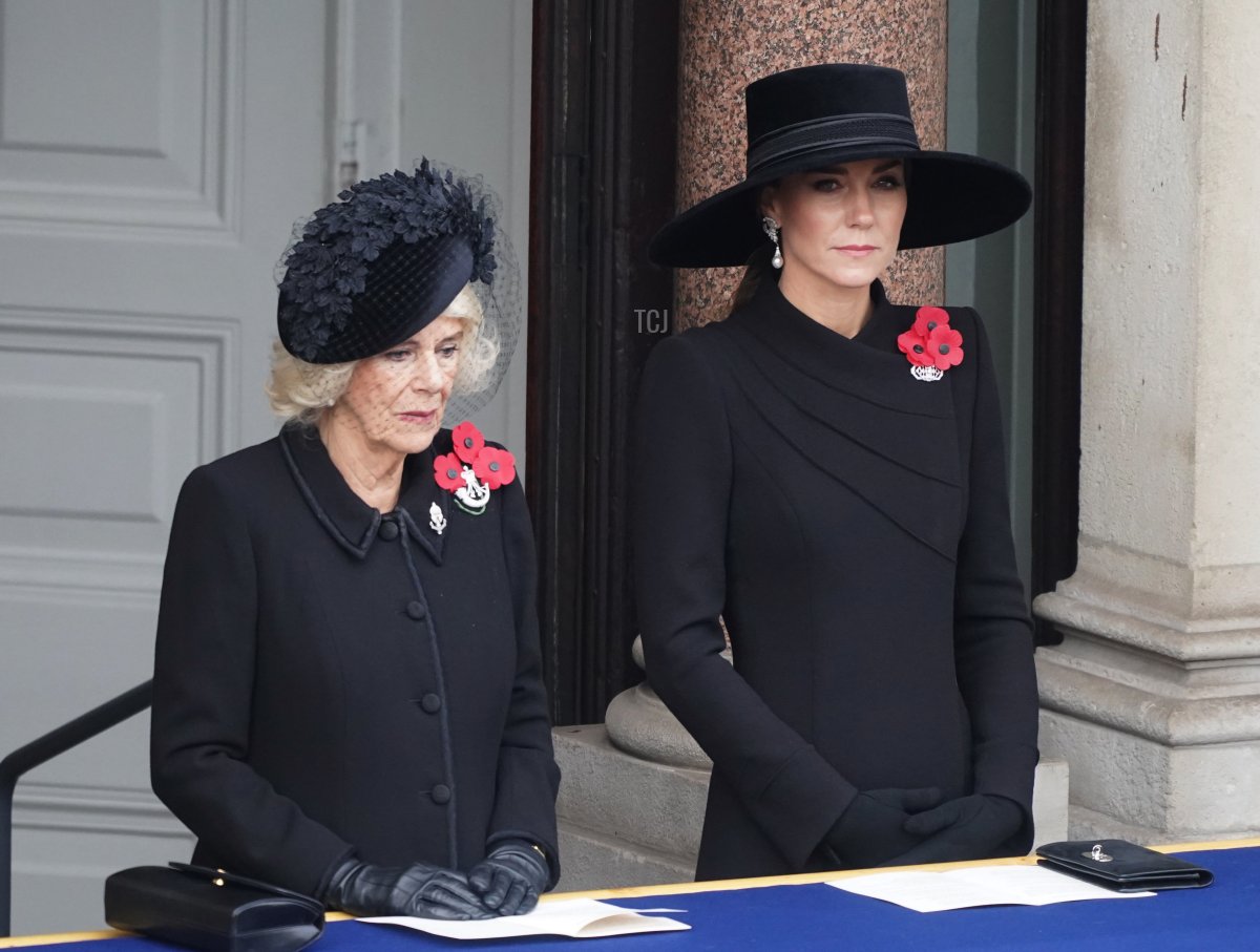 Britain's Camilla, Queen Consort and Catherine, Princess of Wales attend the Remembrance Sunday ceremony at the Cenotaph on Whitehall on November 13, 2022 in London, England