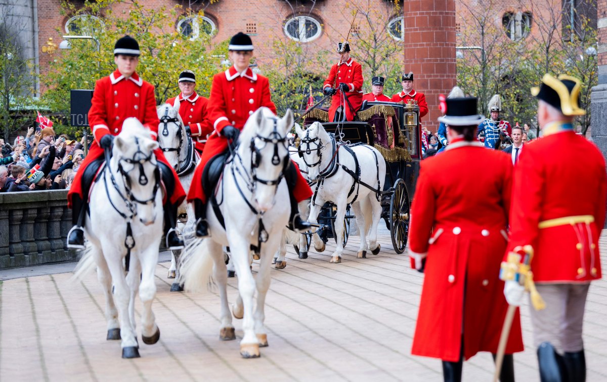 Denmark's Queen Margrethe II arrives by horse carriage at Copenhagen City Hall prior to celebrations of the Queen's 50-year reign, in Copenhagen, Denmark, on November 12, 2022