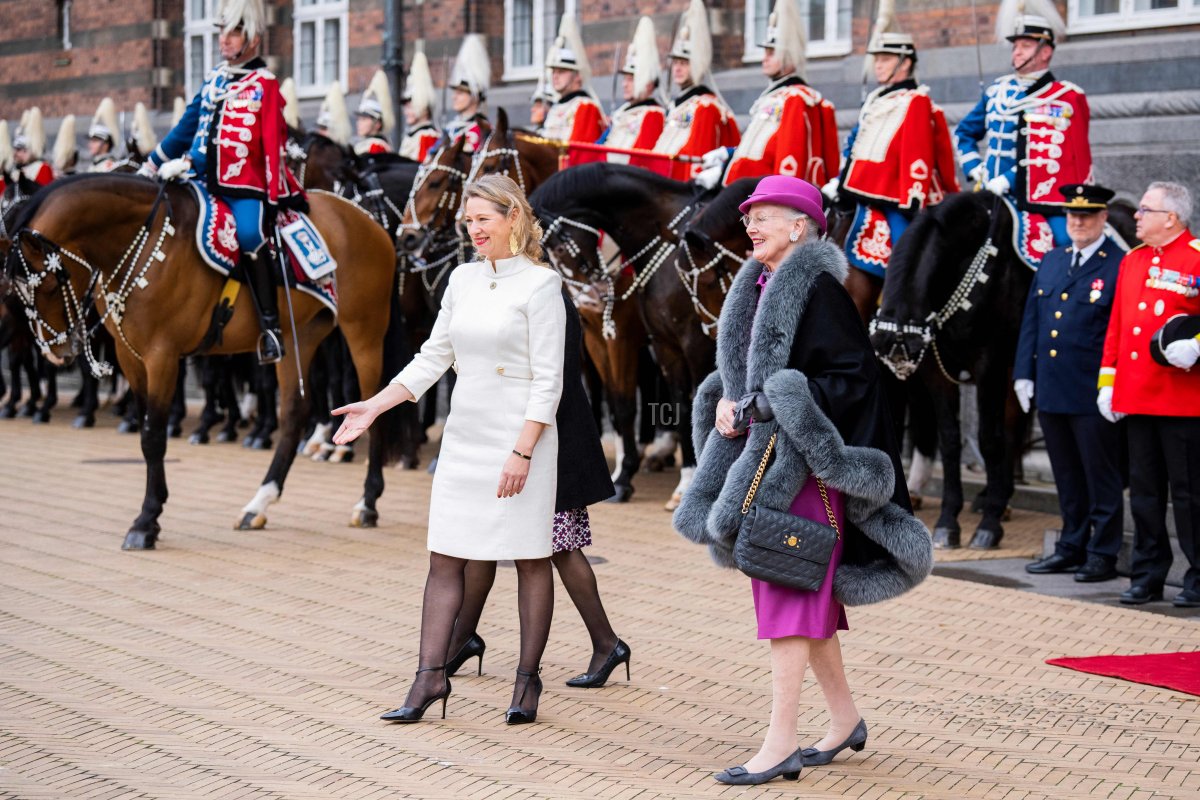 Denmark's Queen Margrethe II (R) is welcomed by Copenhagen's Mayor Sophie Haestorp Andersen at Copenhagen City Hall prior to celebrations of the Queen's 50-year reign, in Copenhagen, Denmark, on November 12, 2022