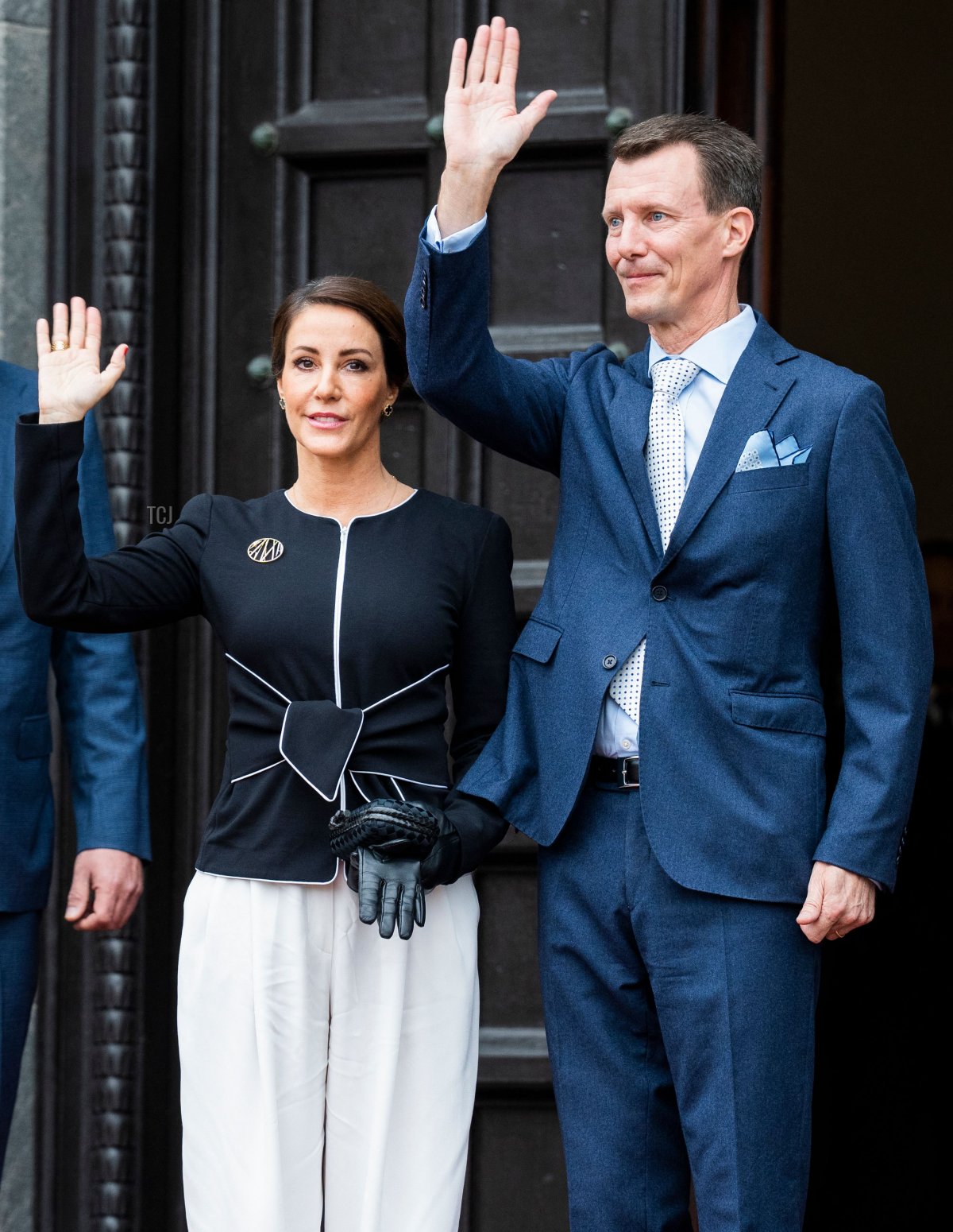 Denmark's Prince Joachim (R) and Princess Marie arrive at Copenhagen City Hall prior to celebrations of Denmark's Queen Margrethe II's 50-year reign, in Copenhagen, Denmark, on November 12, 2022