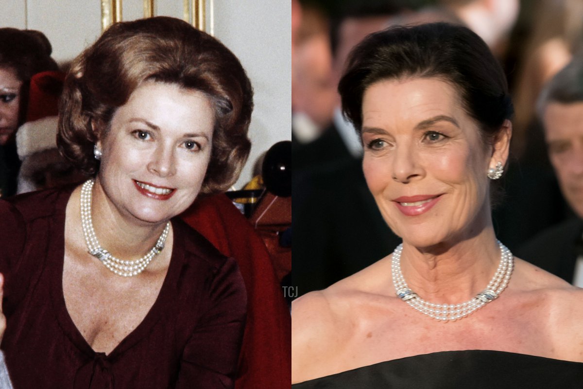 Princess Grace of Monaco (C), her daughter Princess Stephanie (L) and her son Albert distribute presents to children on December 22, 1976 in Monaco's palace during the traditional Christmas tree event, Caroline, Princess of Hanover attends the Rose Ball 2019 to benefit the Princess Grace Foundation on March 30, 2019 in Monaco