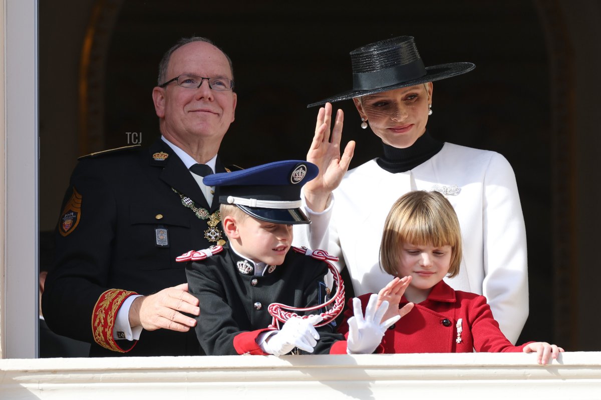 Prince Albert II of Monaco and Princess Charlene of Monaco with their children Prince Jacques of Monaco and Princess Gabriella of Monaco appear at the Palace balcony during the Monaco National Day on November 19, 2022 in Monte-Carlo, Monaco