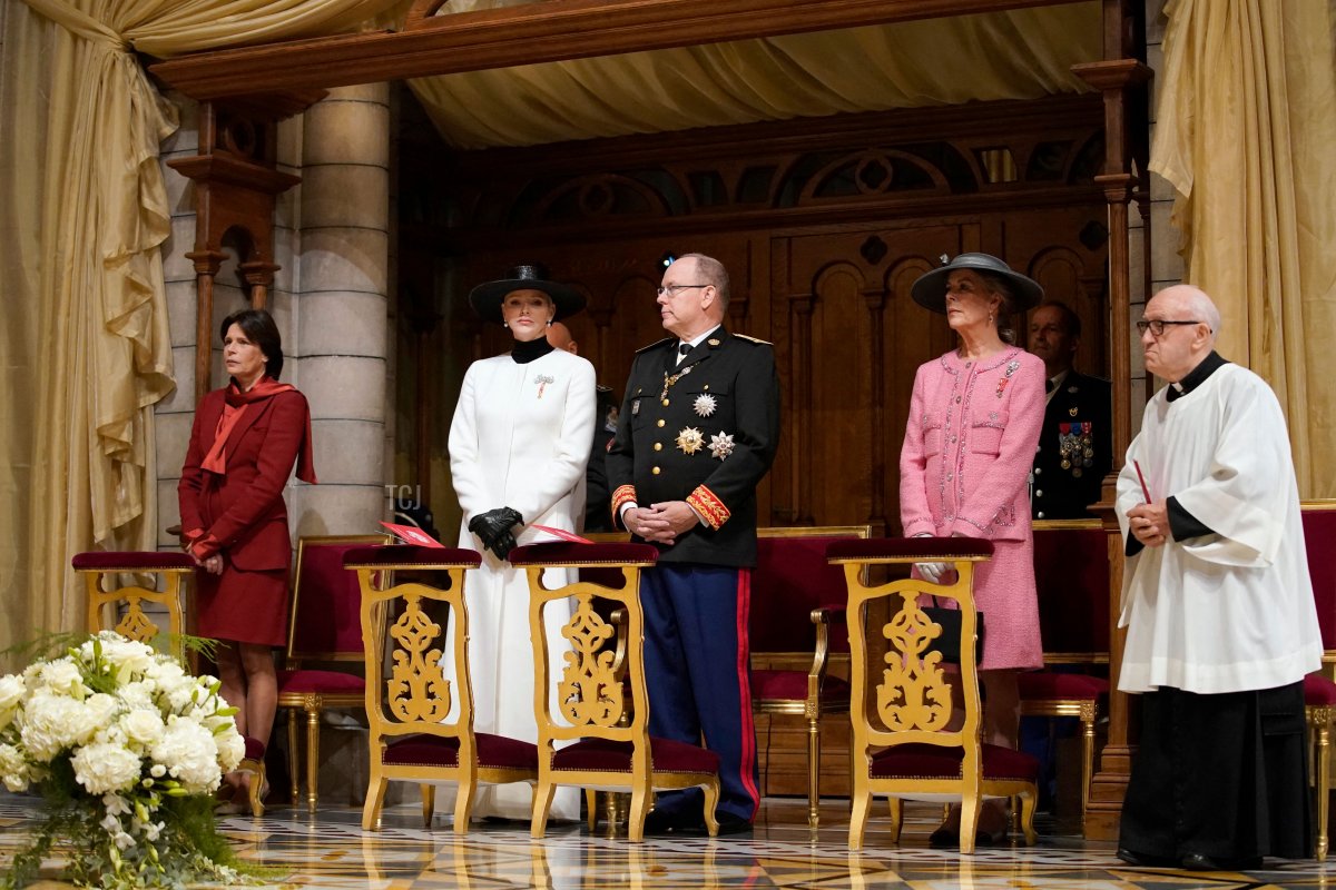 Princess Stephanie of Monaco, Princess Charlene of Monaco, Prince Albert II of Monaco and Princess Caroline of Hanover attend a mass ceremony at the Monaco cathedral as part of ceremonies marking the National Day in Monaco on November 19, 2022