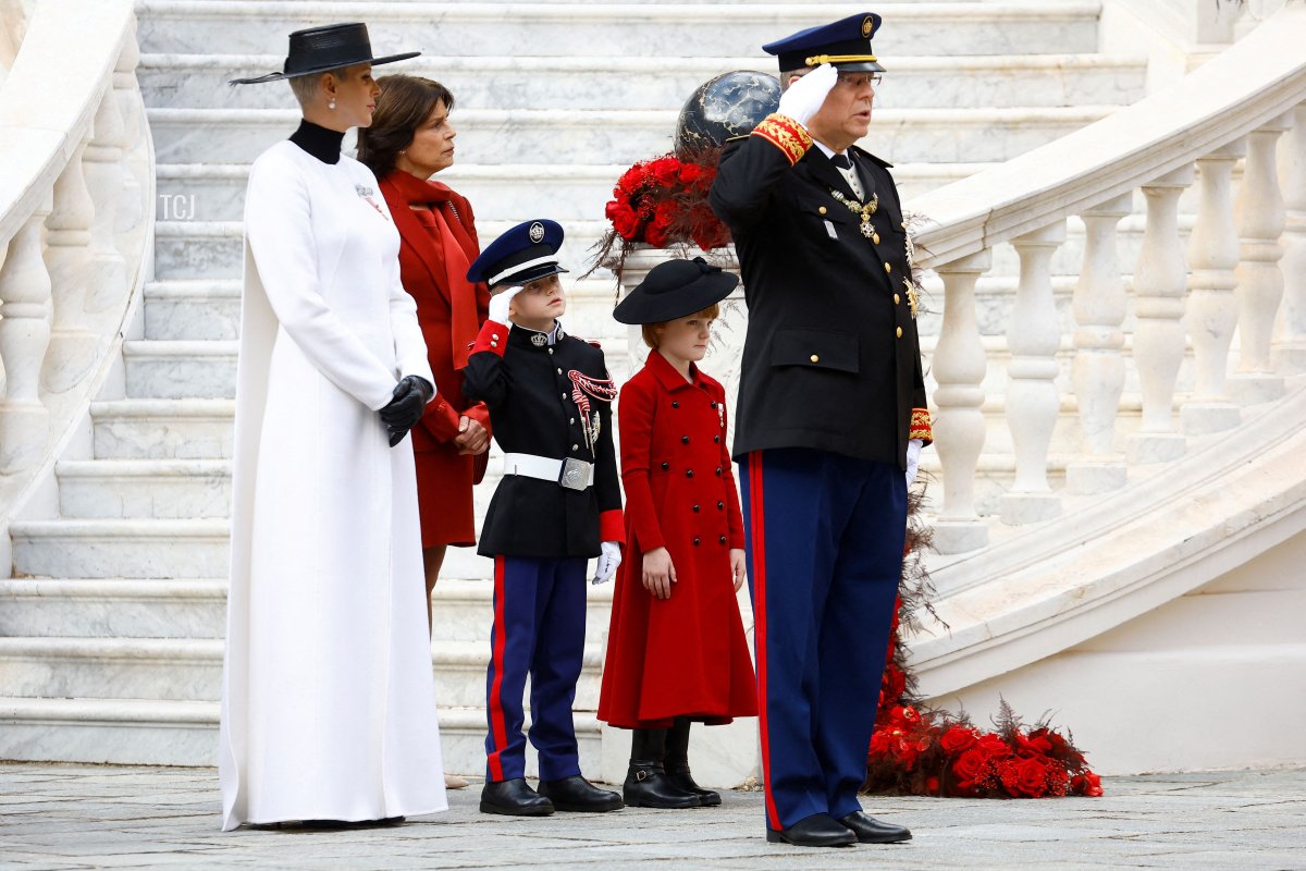 Princess Charlene of Monaco (L), Princess Stephanie, Prince Jacques, Princess Gabriella and Prince Albert II of Monaco attend celebrations as part of ceremonies marking the National Day at the Palace in Monaco on November 19, 2022