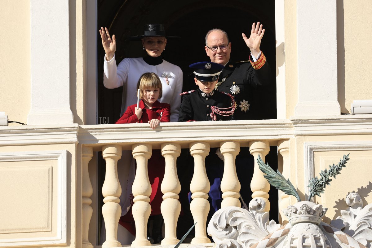 Princess Charlene of Monaco (L-back), Princess Gabriella of Monaco (L-front), Prince Jacques of Monaco (R-front) and Prince Albert II of Monaco wave from the Palace's balcony during the ceremonies of the National Day in Monaco on November 19, 2022