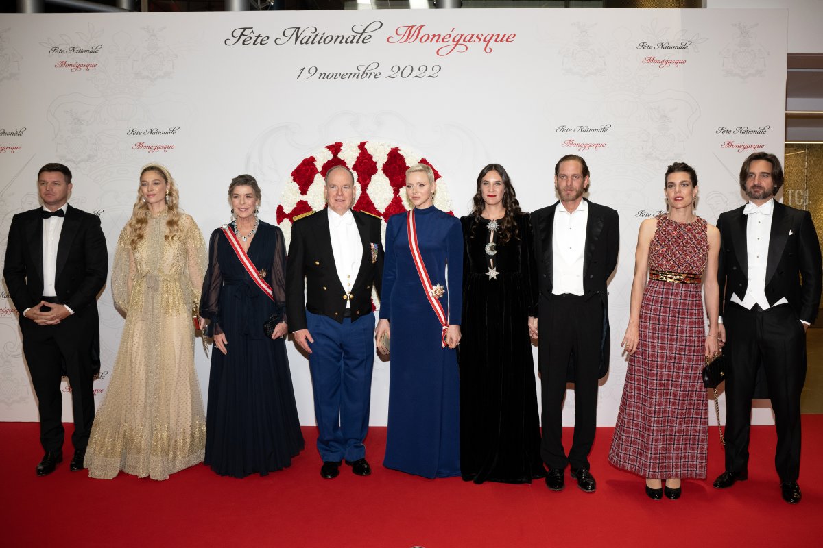 Gareth Wittstock, Beatrice Borromeo, Princess Caroline of Hanover, Prince Albert II of Monaco, Princess Charlene of Monaco, Tatiana Santo Domingo, Andrea Casiraghi, Charlotte Casiraghi and Dimitri Rassam attend a Gala at the Grimaldi Forum during the Monaco National Day on November 19, 2022 in Monte-Carlo, Monaco