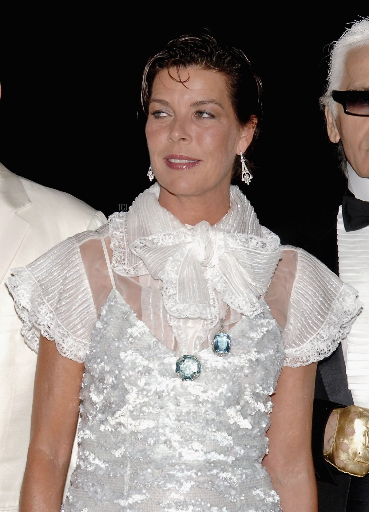 Princess Caroline of Monaco and designer Karl Lagerfeld attend a cocktail reception at the Monaco Red Cross Ball, under the Presidency of HSH Prince Albert II, in the Salles des Etoiles at the Sporting Monte Carlo on August 4, 2006 in Monte Carlo, Monaco