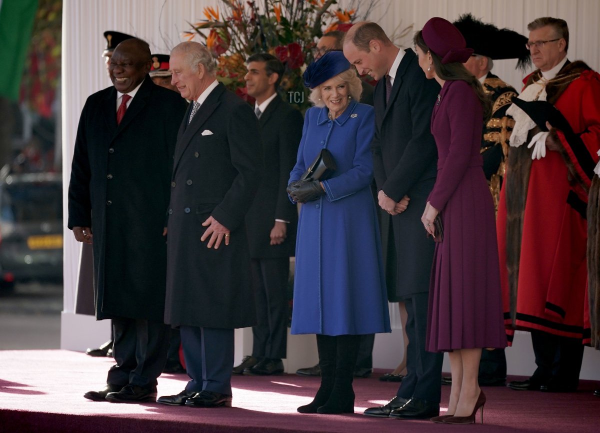 President Cyril Ramaphosa of South Africa, with King Charles III and the Queen Consort and the Prince and Princess of Wales as they inspect a Guard of Honour during the ceremonial welcome for his State Visit to the UK at Horse Guards Parade on November 22, 2022 in London, England