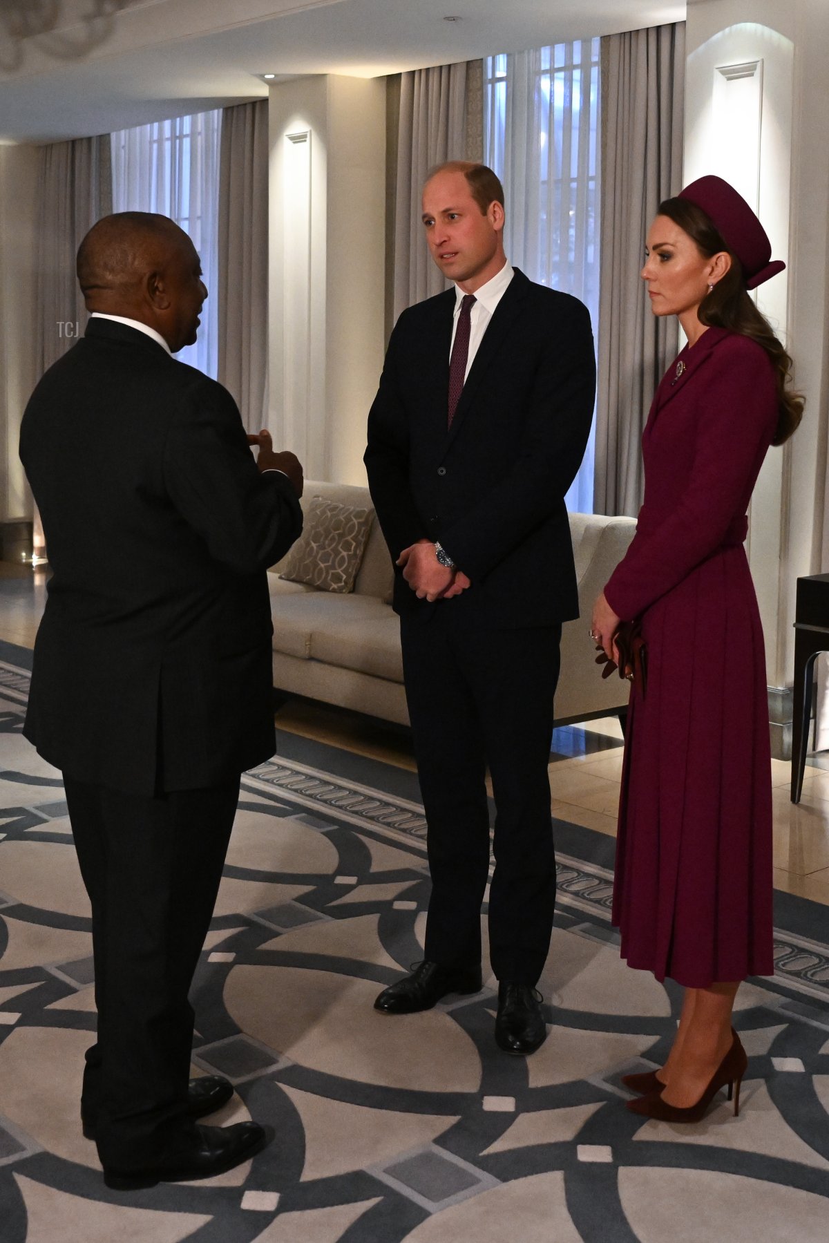 Britain's Prince William, Prince of Wales, and his wife Britain's Catherine, Princess of Wales, greet South Africa's President Cyril Ramaphosa at the Corinthia Hotel at the start of the president's two-day state visit on November 22, 2022 in London, England