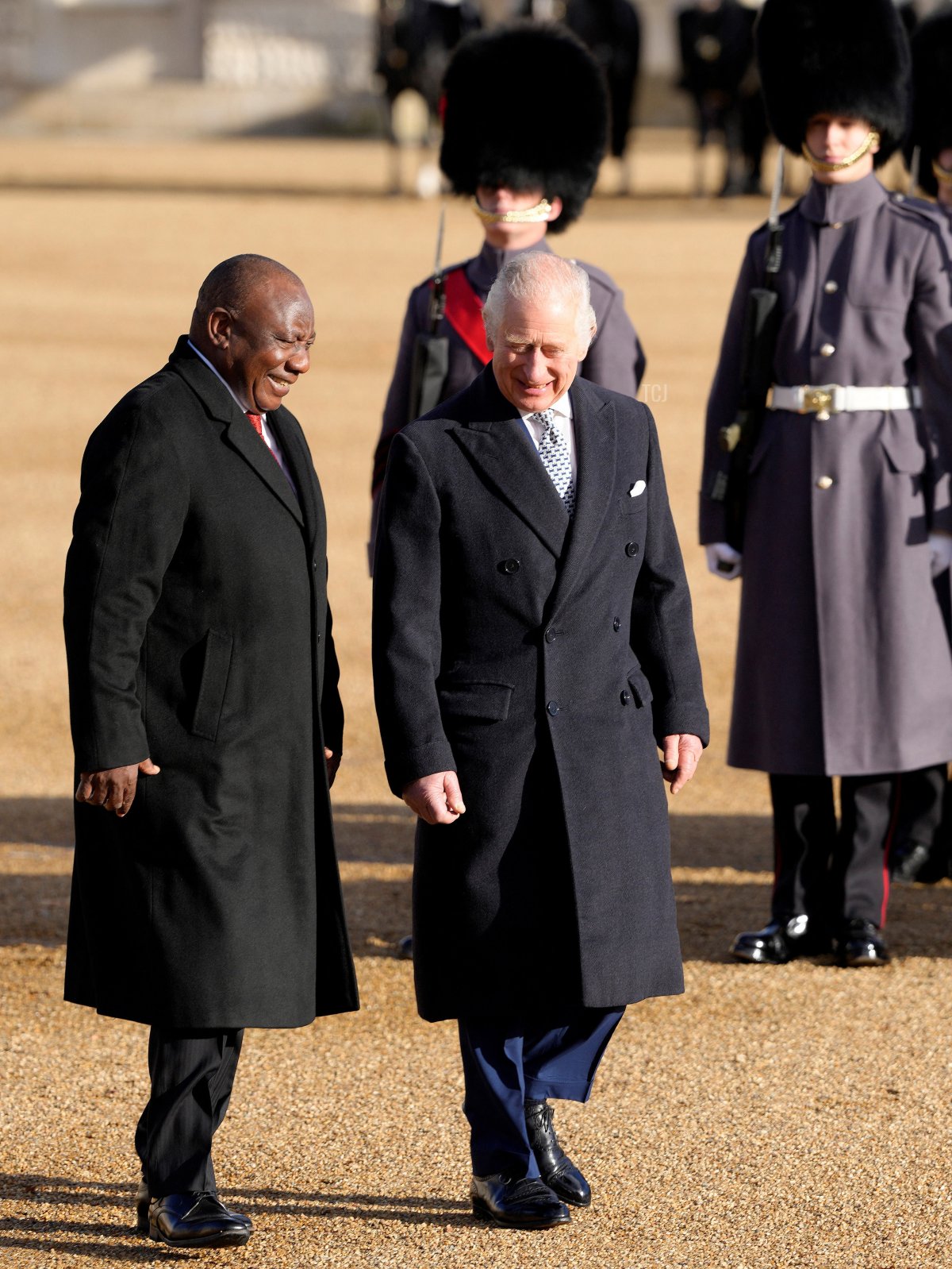 South Africa's President Cyril Ramaphosa and Britain's King Charles III inspect a Guard of Honour, formed by Number 7 Company Coldstream Guards, during a Ceremonial Welcome on Horse Guards Parade in London on November 22, 2022, at the start of the President's two-day state visit