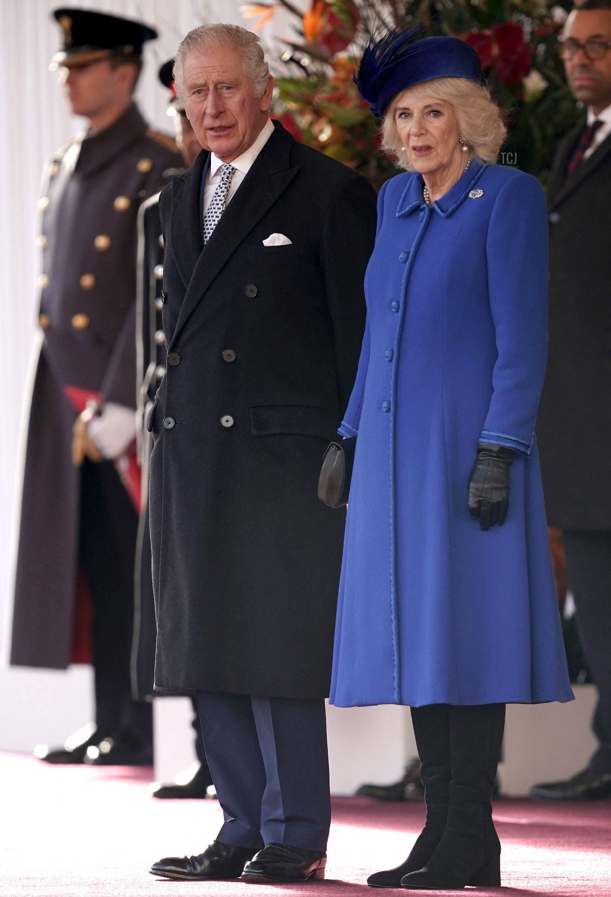 Britain's King Charles III and Britain's Camilla, Queen Consort attend the Ceremonial Welcome for South Africa's President, on Horse Guards Parade in London on November 22, 2022, at the start of the President's two-day state visit