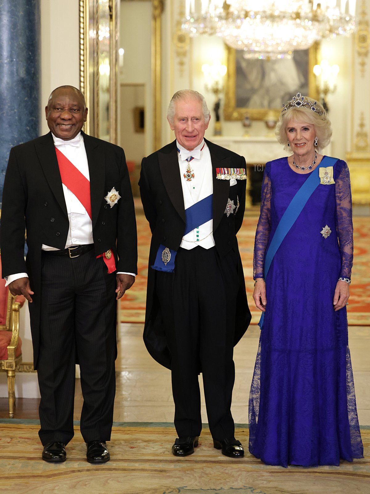 President of South Africa, Cyril Ramaphosa, King Charles III and Camilla, Queen Consort during the State Banquet at Buckingham Palace on November 22, 2022 in London, England