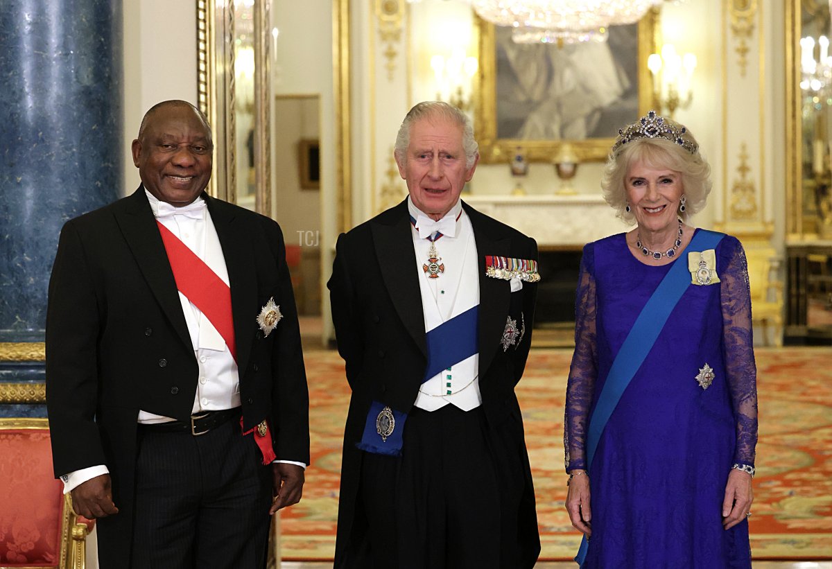 President of South Africa, Cyril Ramaphosa, King Charles III and Camilla, Queen Consort during the State Banquet at Buckingham Palace on November 22, 2022 in London, England