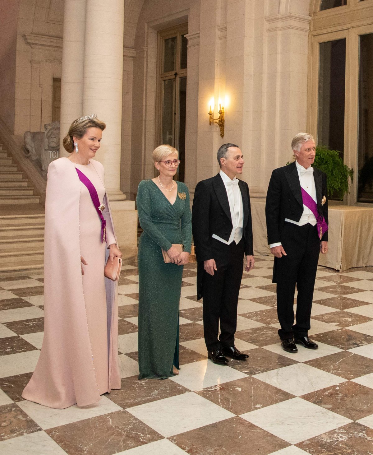 Queen Mathilde of Belgium, Switzerland President Ignazio Cassis, King Philippe - Filip of Belgium and Switzerland President's wife Paola Rodoni Cassis pictured during a state banquet at the Palace during an official state visit of the President of the Swiss Confederation, on Thursday 24 November 2022, in Brussels