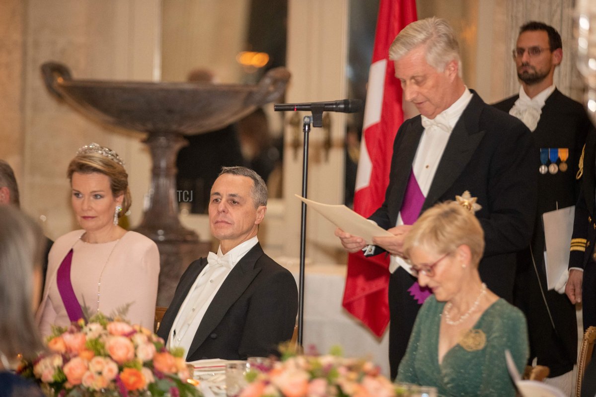 Queen Mathilde of Belgium, Switzerland President Ignazio Cassis, King Philippe - Filip of Belgium and Switzerland President's wife Paola Rodoni Cassis pictured during a state banquet at the Palace during an official state visit of the President of the Swiss Confederation, on Thursday 24 November 2022, in Brussels