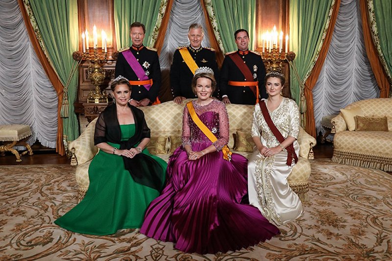Grand Duke Henri, Grand Duchess Maria Teresa, Prince Guillaume, Grand Duke Hereditary and Princess Stephanie, Grand Duchess Hereditary of Luxembourg, King Filip and Queen Mathilde of Belgium at the Palais Grand-Ducal in Luxembourg, on October 15, 2019, for the official photo before the state banquet at the 1st of a 3 days State visit from Belgium to Luxembourg