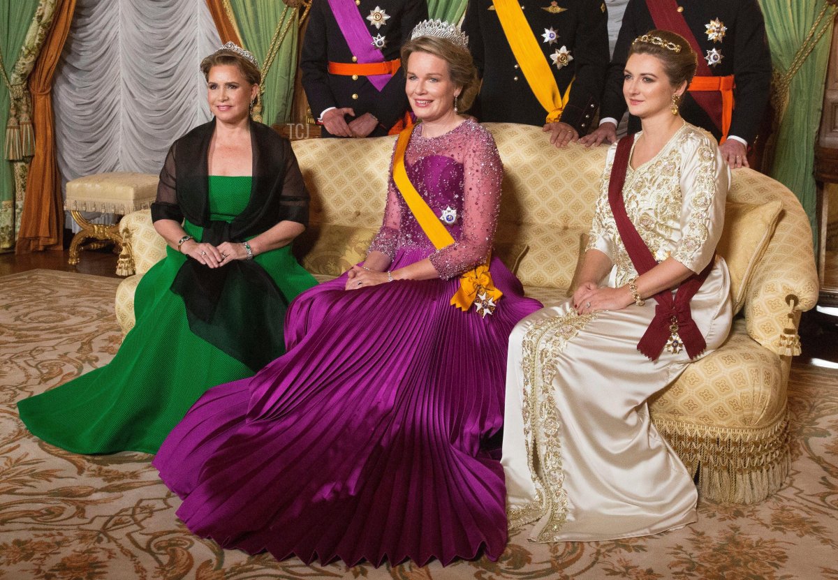 Grand Duke Henri, Grand Duchess Maria Teresa, Prince Guillaume, Grand Duke Hereditary and Princess Stephanie, Grand Duchess Hereditary of Luxembourg, King Filip and Queen Mathilde of Belgium at the Palais Grand-Ducal in Luxembourg, on October 15, 2019, for the official photo before the state banquet at the 1st of a 3 days State visit from Belgium to Luxembourg