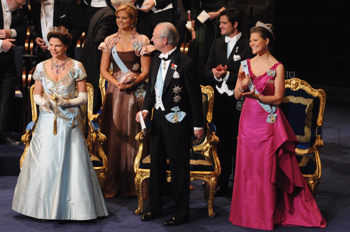 Queen Silvia of Sweden, Princess Madeleine of Sweden, King Carl XVI Gustaf of Sweden, Prince Carl Philip of Sweden and Crown Princess Victoria of Sweden applaud during the Nobel Foundation Prize 2008 Awards Ceremony at the Concert Hall on December 10, 2008 in Stockholm, Sweden