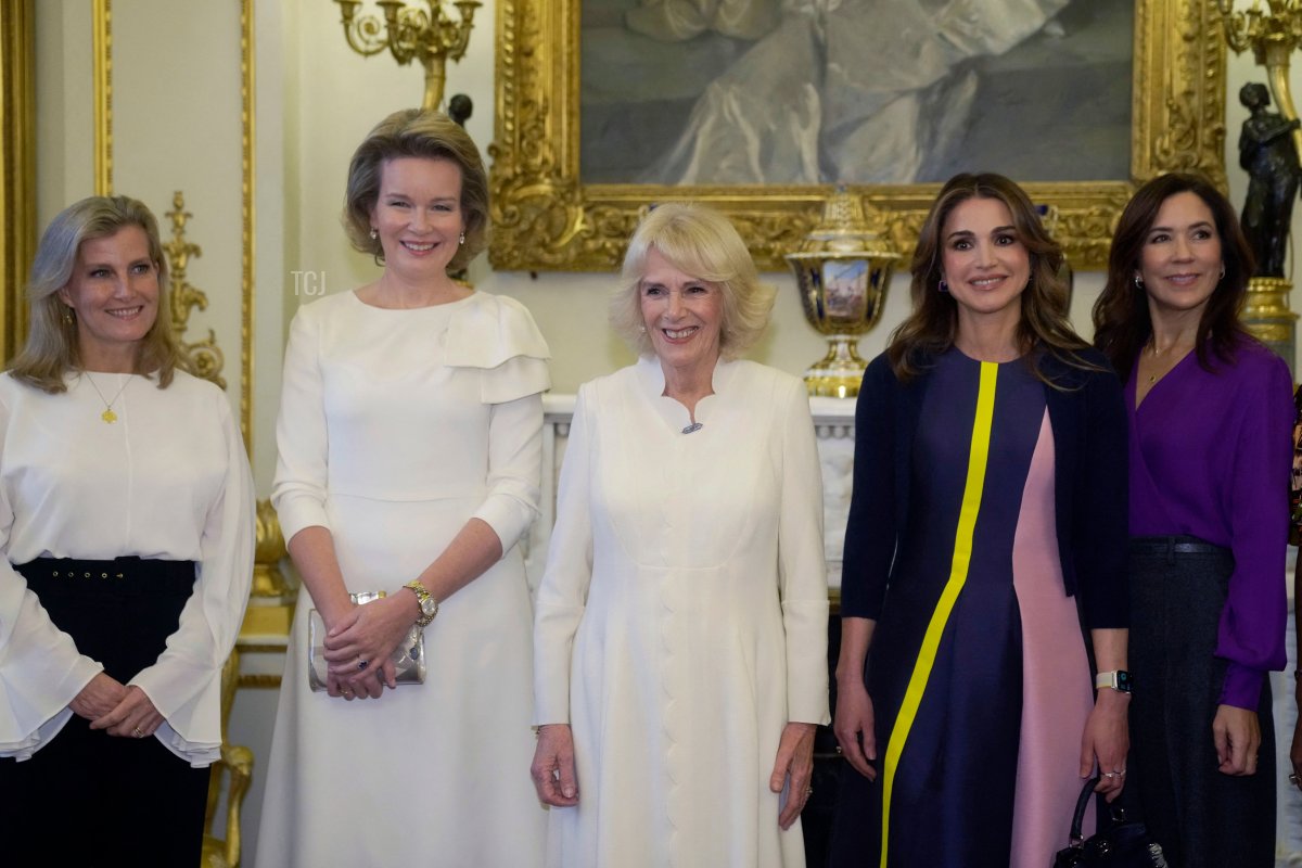Britain's Sophie, the Countess of Wessex, Queen Mathilde of Belgium, Britain's Queen Consort Camilla, Queen Rania of Jordan and Danish Crown Princess Mary pose during a reception to raise awareness of violence against women and girls as part of the UN 16 days of Activism against Gender-Based Violence, at Buckingham Palace in London on November 29, 2022